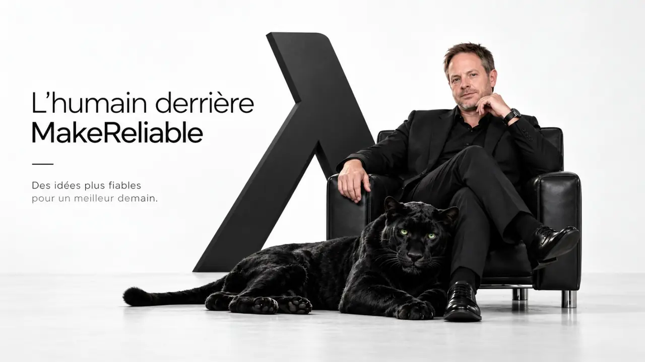 L’humain derrière MakeReliable, assis devant le lambda avec la panthère noire aux yeux verts